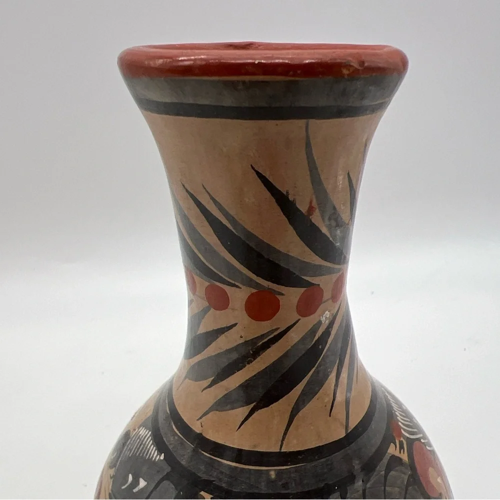 Mexican Made Tonala Vase Foral Coral Gray Color Artisan Ethnic Handmade Painted